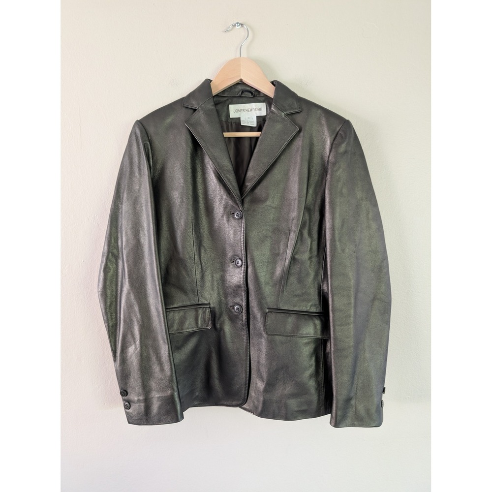Jones New York Metallic Black Genuine Leather Blazer Jacket Women's 6 Grunge